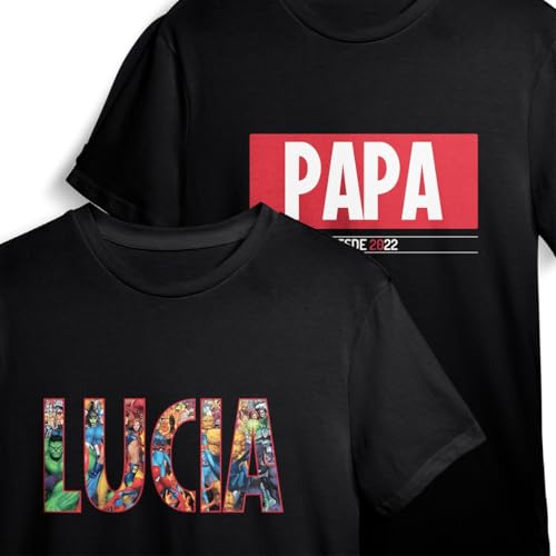 EVYRE | Camisetas Personalizadas Dia del Padre | Camiseta Personalizada Hombre + Body Bebe Personalizado o Camiseta Infantil | 100% Algodón | Conjunto de Superhéroes | Regalo Dia del Padre Original