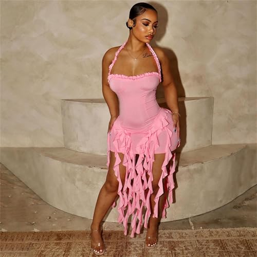 Image of Women's Summer Mini Dress Sexy Halter Backless Ruffle Fringe Bodycon Short Dress Cocktail Party Beach Vacation Sundress