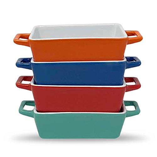 Juego de 4 mini cazuela horno | La mejor fuente horno horno dentro de mas mini cazuelas | Fuente de horno pequeña en azul, azul claro/verdoso, rojo, naranja