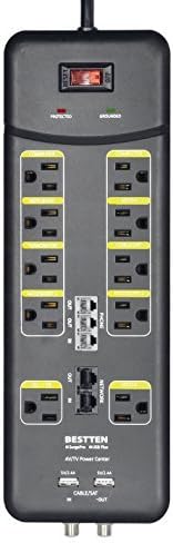 BESTTEN 3800-Joule Surge Protector, 10-Outlet All-in-One Power Strip with 2 USB Charging Ports (3.1A Total) and Phone/Ethernet/Coaxial Protection, 9-Foot Ultra Long Extension Cord, ETL Listed, Black