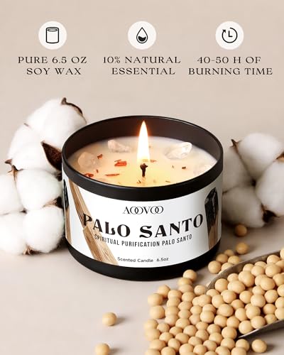 Image of AOOVOO 4 Pack Sage Candles - 2 Sage & 2 Palo Santo Candle Set with Crystals & Decor, 26oz 200 Hours Long Lasting, Non Toxic Candles for Spiritual House Energy Cleansing