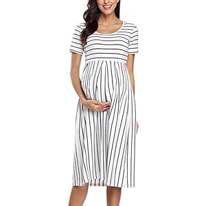 Love2Mi Womens Short-Sleeve Maternity Dress Casual A-Line Midi Pregnant Dress