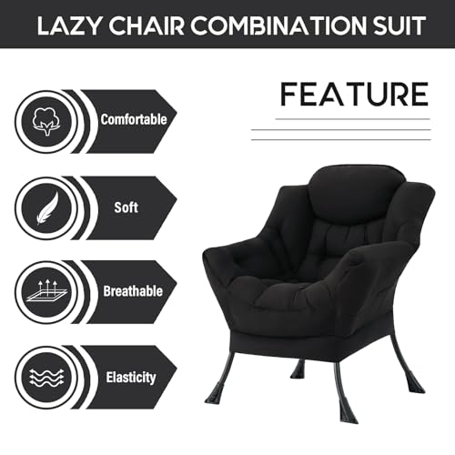 Image of LITA Lazy Chair with Armrests and Side Pocket, Modern Upholstered Accent Reading Chair for Living Room, Bedroom, Dorm, Small Spaces, Single Black