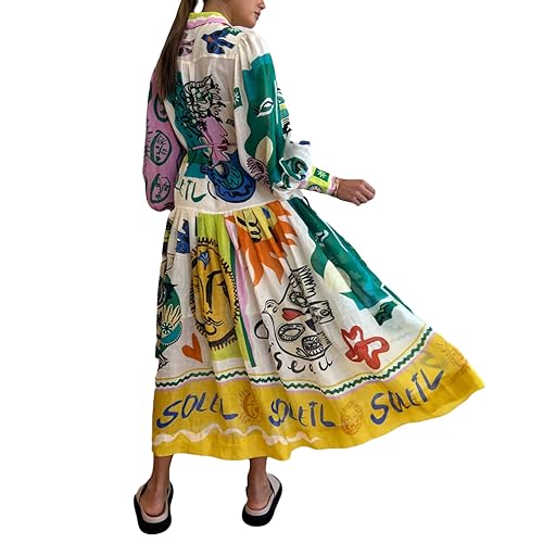 Women Graphic Puff Sleeve Maxi Dress Graffiti Button Down Shirt Dress Vintage Boho Floral Flowy Long Dresses4
