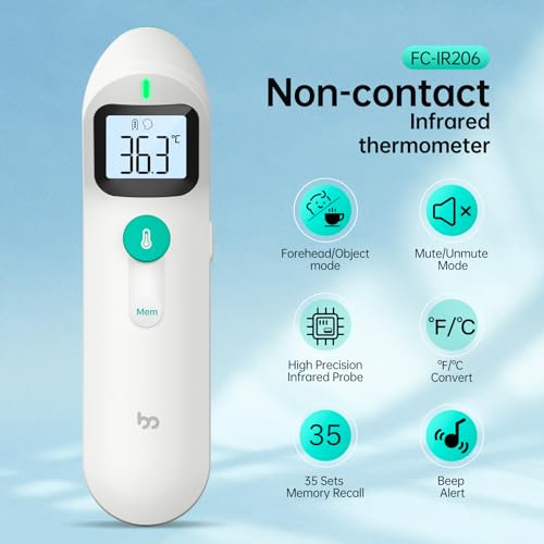 Termómetro para la fiebre sin contacto para bebés y adultos, termómetro digital de frente por infrarrojos con lectura instantánea, lectura precisa, alarma de fiebre (crema)