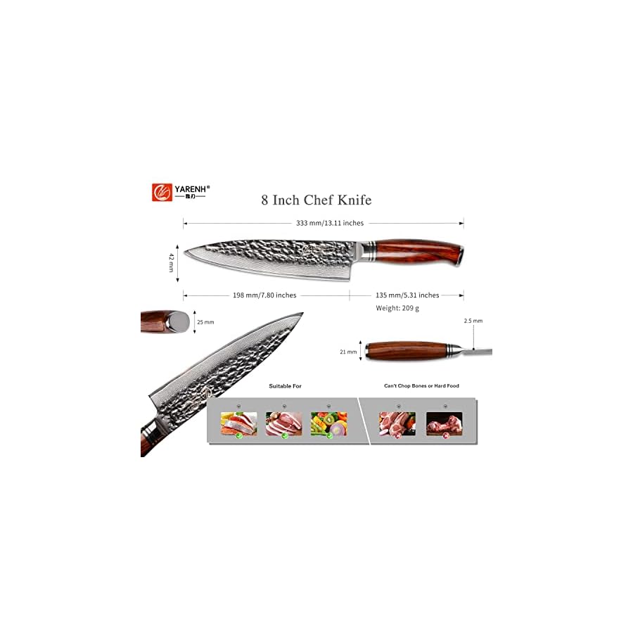 YARENH-Chef-Knife-8-inch-Professional-Kitchen-KnifeSharp-Damascus-Stainless-Steel-Blade73-LayersHigh-CarbonFull-TangDalbergia-Wood-HandleGift-Box-PackagingHTT-Series YARENH Damascus Chef Knife 8-Inch,73-Layer Steel,Sandalwood Handle,Rust-Proof,Sharp Kitchen Knife