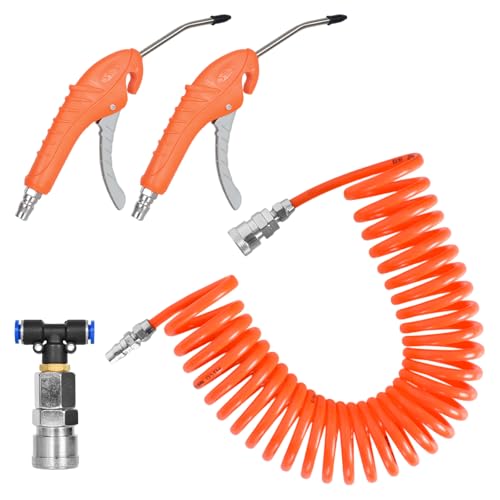 Ausblaspistole, Druckluft-Ausblaspistolen-Satz, Druckluftpistole mit 6M Spiralschlauch, LKW Air Duster Blaspistole, Luftblaspistole mit T Stück Schnellkupplung Zubehör, für LKW Auto PKW Boot