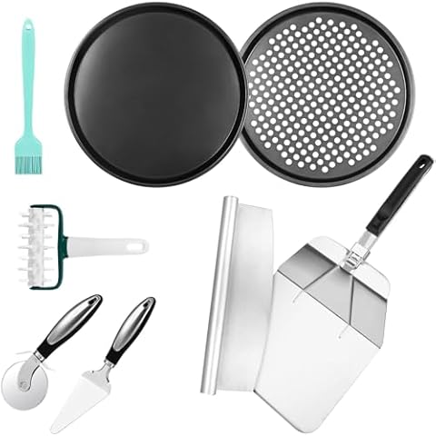 Fat-Cattie Pizza making kit,Pizza Peel Pizza Pan Set with 12"Pizza Peel、12"Pizza Pan、11"Pizza Cutter Rocker(8PC) Cover