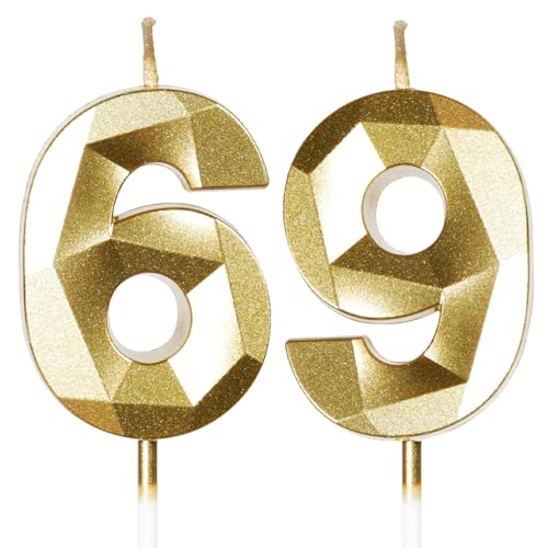 Yiran 69th Birthday Candles, Gold Number 69 Happy Birthday Candles, Cake Topper Decorations for Birthday Party, Wedding Anniversary Celebration Supply