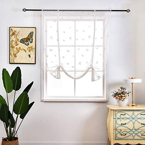 Jaijy Muslin Butterfly Embroidered Sheer Voile Tulle Backdrop Kitchen Curtain Tie Up Adjustable Balloon Window Treatmet Roman Shades Tiebacks For Cafe Drape, 40" X 63", Yellow, 40" X 63", Yellow #TOP2