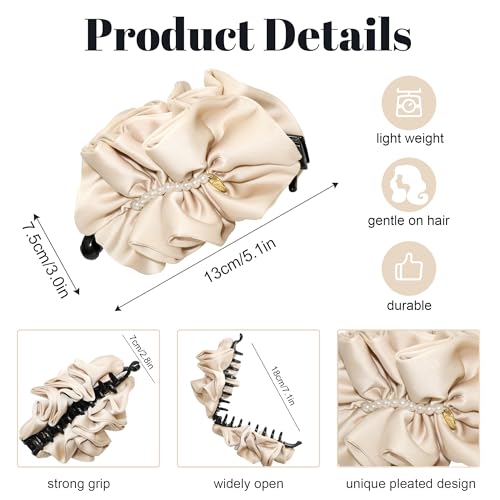 2 Pack Large Satin Banana Hair Clips for Thick/Long Hair, 5.1 Inch Jumbo Ruffled Ponytail Clip with Pearls, Non-Slip Vertical Banana Clip, Elegant French Vintage Accessories (Brown & Beige)