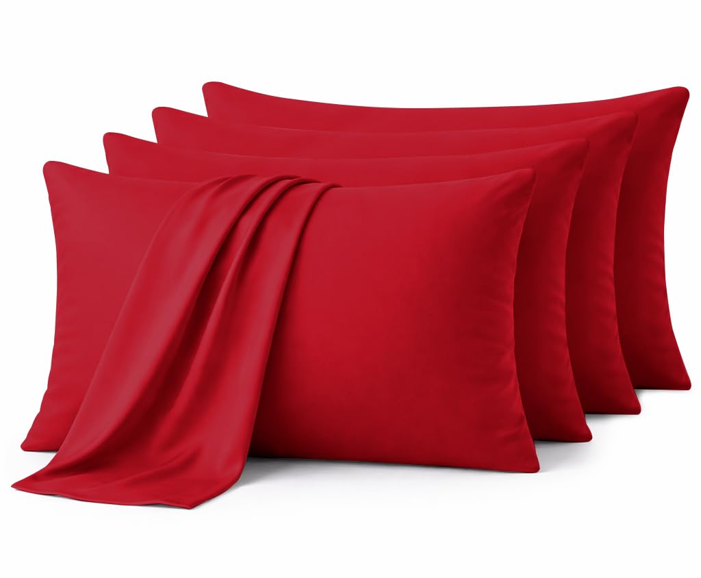 Aspire Homeware Red Pillow Cases 4 Pack – 100% Brushed Microfiber Premium Pillowcases Super Soft Envelope Closure Pillow Cover (50x75cm)
