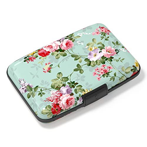 Image of Credit Card Holder, Mini Aluminum Card Wallet RFID Blocking Slim Metal Hard Card Case for Women Men, Green Flowers