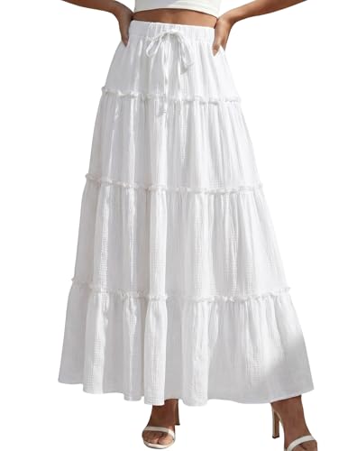 DERAX Womens Boho Flowy Maxi Skirt Ruffle Tiered Elastic High Waisted A-Line 2026 Spring Summer Long Skirts White S