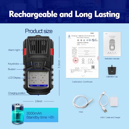 Image of 4 Gas Monitor Multi Gas Detector EX O2 H2S Monitor Clip on, 3000mAh Rechargeable 4 Gas Meter View Records and Curve, Portable 4 Gas Monitor Multi Gas Detector with Calibration Kit 4 Gas Detector
