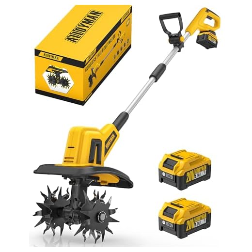 Alloyman 20V Cordless Tiller Cultivator, 360RPM Electric Garden Tiller, with 2 * 4.0Ah Batteries & Charger, 9In Tilling Width and 6.6In Depth Garden Rototiller for Lawn/Gardening/Soil Cultivation