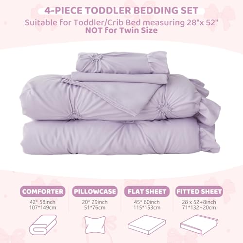 Image of Princess Toddler Bedding Set for Girls, 4 Piece Ruffles Jacquard Embroidery Toddler Bed Sheets with Boho Toddler Comforter, Fitted Sheet, Flat Sheet and Pillowcase, Purple