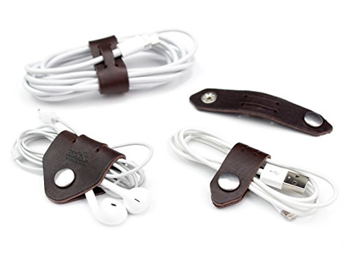 Pack & Smooch Cable Organizer Set Cable Management Ties 100% Vegetable Tanned Leather - Made in Germany Dark Brown