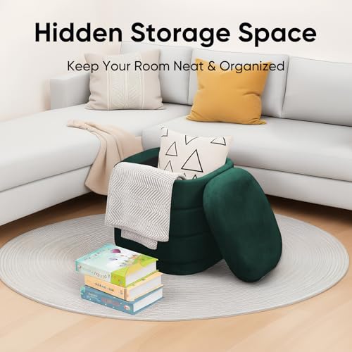 Image of 15 inch Velvet Storage Ottoman with Tray, Foldable Square Ottoman Footrest with Reversible Wood Lid, Collapsible Storage Footstool for Bedroom, Living Room, Dorm, Bottle Green