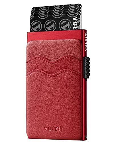Image of VULKIT Credit Card Holder Minimalist Slim Pop Up Wallet with Leather Slots RFID Blocking for Men and Women Holds 7 Cards and Notes Red