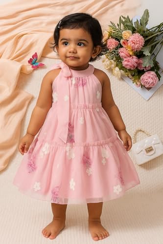 Image of Buy & Try Beautiful Embroidered Georgette Birthday Dress for Baby Girls | Sleeveless Printed Frock | Elegant Outfit for Special Occasions