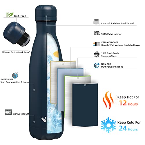 Image of Konokyo Insulated Water Bottles,17 oz Double Wall Stainless Steel Vacumm Metal Flask for Sports Travel,Navy Blue