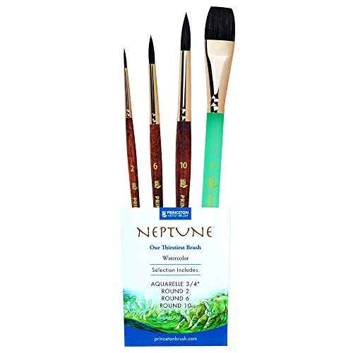 Princeton Neptune 4750 Series Watercolor Brush Set – Watercolor Brushes Professional Soft Synthetic Squirrel Hair – Artist Water Paint Brush Set – 1pc Aquarelle 3/4" & 3 Round Brushes (Sizes 2, 6, 10) by Princeton - Used condition - US$35.21