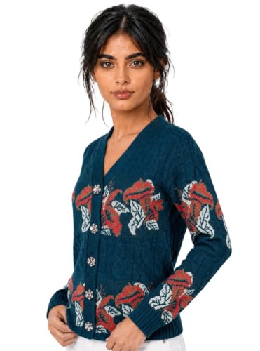 Image of Kalt Women Sweater for Winter Woolen Acrylic Full Sleeves V Neck Floral Design Cardigan Sweater for Women