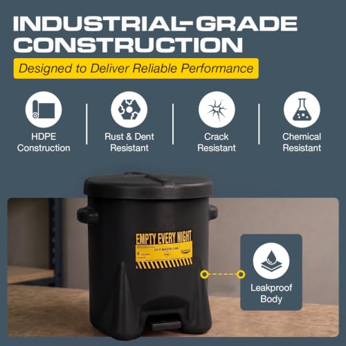 Image of Eagle Oily Waste Can, Self-Closing Lid, 6 Gallon, Made in the USA, Black | High-Density Polyethylene Construction, Leakproof Design, Hands-Free Operation, OSHA, FM, NFPA Compliant
