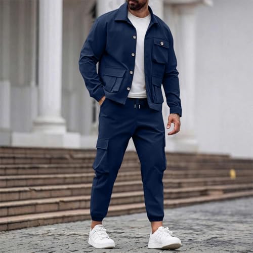 Mens Track Suits 2 Piece Set Long Sleeve Button Down Lightweight Jacket and Cargo Pants Sweatsuits with Multi Pockets2