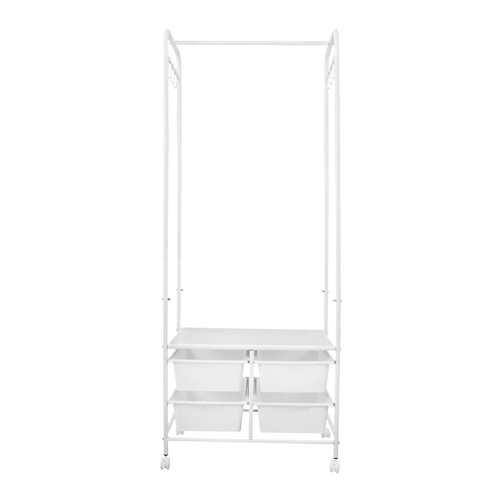 Garderobenständer, Rollbarer Kleiderständer Metall Kleiderbügel mit 4 Aufbewahrungsboxen & 8 Haken Kleiderhalterungsständer Garderobe für Schlafzimmern, Waschküchen 63x37x160 cm