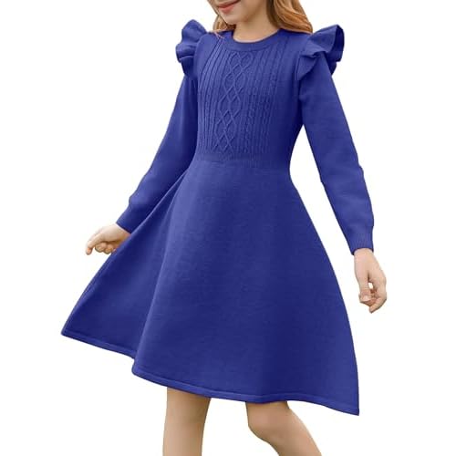 Girls Sweater Dress Fall Winter Long Sleeve Cable Knit Pullover Midi Dresses 5-14Y Royal Blue 6-7 Years