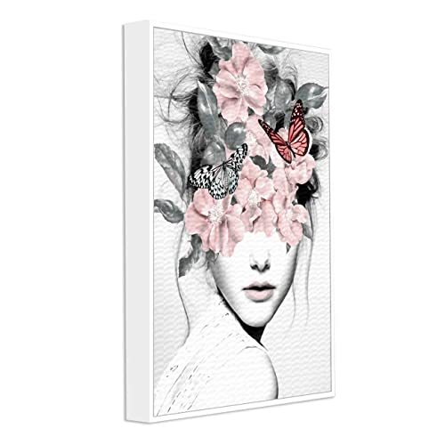 Image of PAINTINGMANTRA Blossom Pink Girl Flower Bouquet White Framed Canvas Print for Wall, Home and Living Room Decoration (Size - 23 x 17 Inchs)
