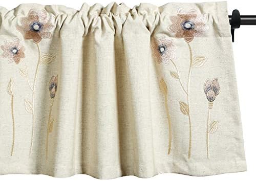 VOGOL Valances for Windows, Pink Floral Embroidered Beige Textured Window Valances for Living Room Pocket Valance Curtains, 52''x18'', One Piece