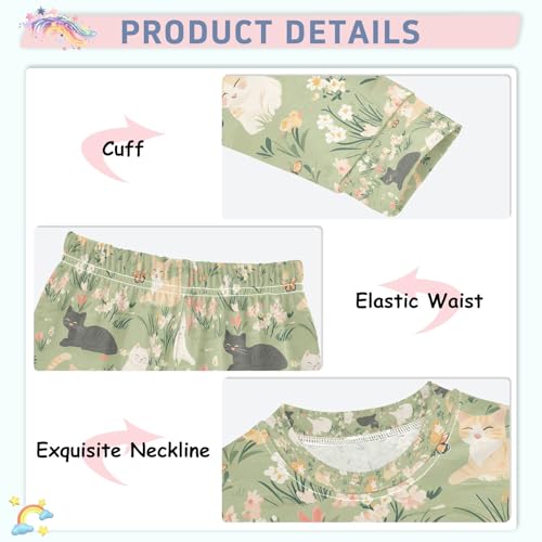 senya Cat on Garden Flowers Pajamas Set Long Sleeve Soft Cotton Sleepwear 2 Piece4