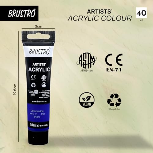 Image of BRUSTRO Artists Acrylic Paint Tube | 40ml, Ultramarine (Pack of 2)|Non-Toxic, Water Based, Inter Mixable, Ideal for Painting, Textured Effects on Canvas, Paper, Fine Art Student and Professionals