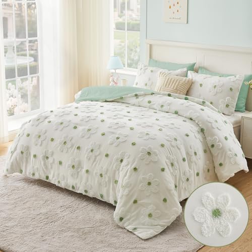 Image of Full Size Comforter Set for Girls Boho Sage Green Flowers Bedding Set
