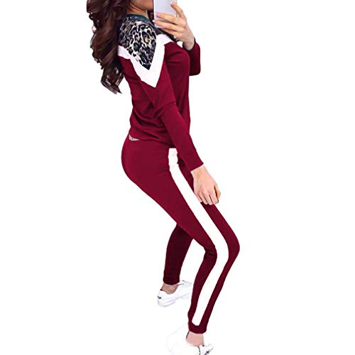 Damen Hose + Tops Damen Trainingsanzug Set Leopard Patchwork Sweatshirts Fitness Langarm Casual Pullover Jacke und Streifen Trainingshose, rot, 36 Cover