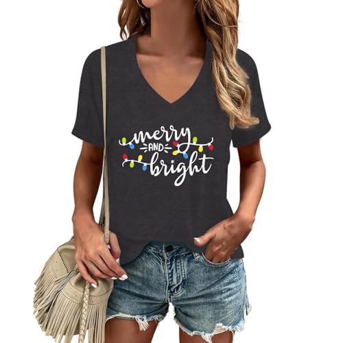 SUWATOIN Womens Christmas Shirts Merry and Bright T-Shirts Christmas Lights V Neck Tee Top Grey