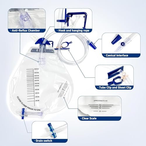 Bolsas de orina de 2000ml para cama con tubo largo de 48 pulgadas y válvula antiretorno 3