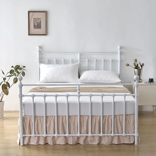 Bed Skirt Full Size, Ruffled Bed Skirt with Split Corners, Full Bed Skirts 14 Inch Drop with Platform, Striped Boho Bed Skirting Full Size, Pink-tinged Cream, 14'' Ful