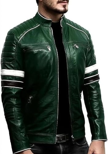 Men’s Classic Motorcycle Leather Jacket – Genuine Lambskin Cafe Racer with Striped Sleeves – Vintage Biker Style4