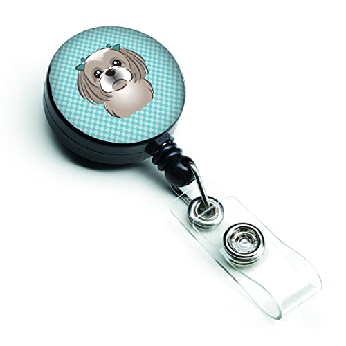 Caroline's Treasures BB1188BR Checkerboard Blue Gray Silver Shih Tzu Retractable Badge Reel for Nurses ID Badge Holder with Clip Retractable Employee Badge Holder, Belt Clip, Multicolor