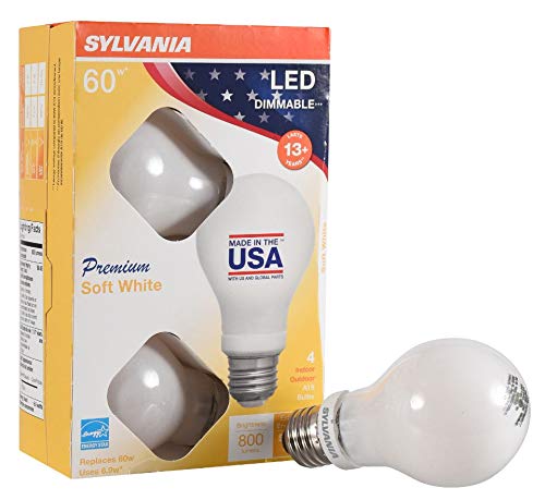 SYLVANIA General Lighting 2700K, 40231 Sylvania 60 Watt Equivalent, A19 LED Light Bulbs, Dimmable, Energy Star Rated, Soft White Color, Made in The USA with US and Global Parts, 4 Pack