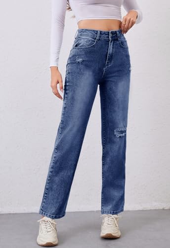 Women's High Waist Jeans Straight Leg Jeans Casual Distressed Stretchy Denim Pants with Pockets2