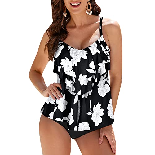 WIN.MAX Costume da Bagno Tankini da Donna Set Vita Alta Volant Volant 2 Pezzi Bikini Set Costume da Bagno Plus Size Costume(Malvarosa Bianca,EU44)