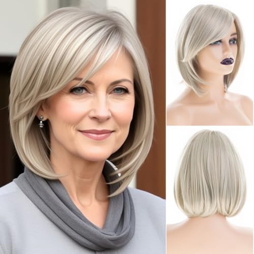 RicHyun Short Bob Wigs for Women Side Part Ash Blonde Bob Wig Party Halloween Cosplay Use