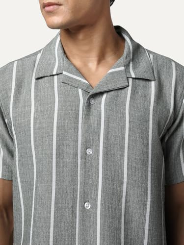 Image of Urbano Fashion Men's Cotton Half Sleeve Relaxed Fit Linen Striped Shirt with Cuban Collar