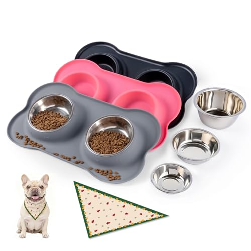 Conlun Dog Bowls with Silicone Feeding Mat,No Spill Food Water Dish Set,Dishwasher Safe,2 Stainless Steel Puppy Bowls with Dogs Bandanas,Suitable for Tiny Pets Under 8lbs,Extra Small,Grey