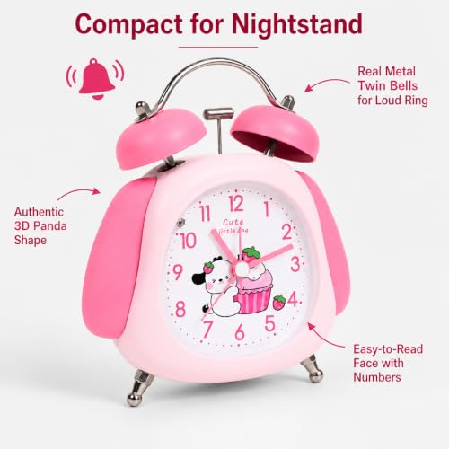 Image of RUCON Twin Bell Alarm Clock for Bedroom | Super Loud Analog Alarm Clock for Heavy Sleepers | Night Light | Metal Table Clock for Home, Office & Kids (Pink Panda)